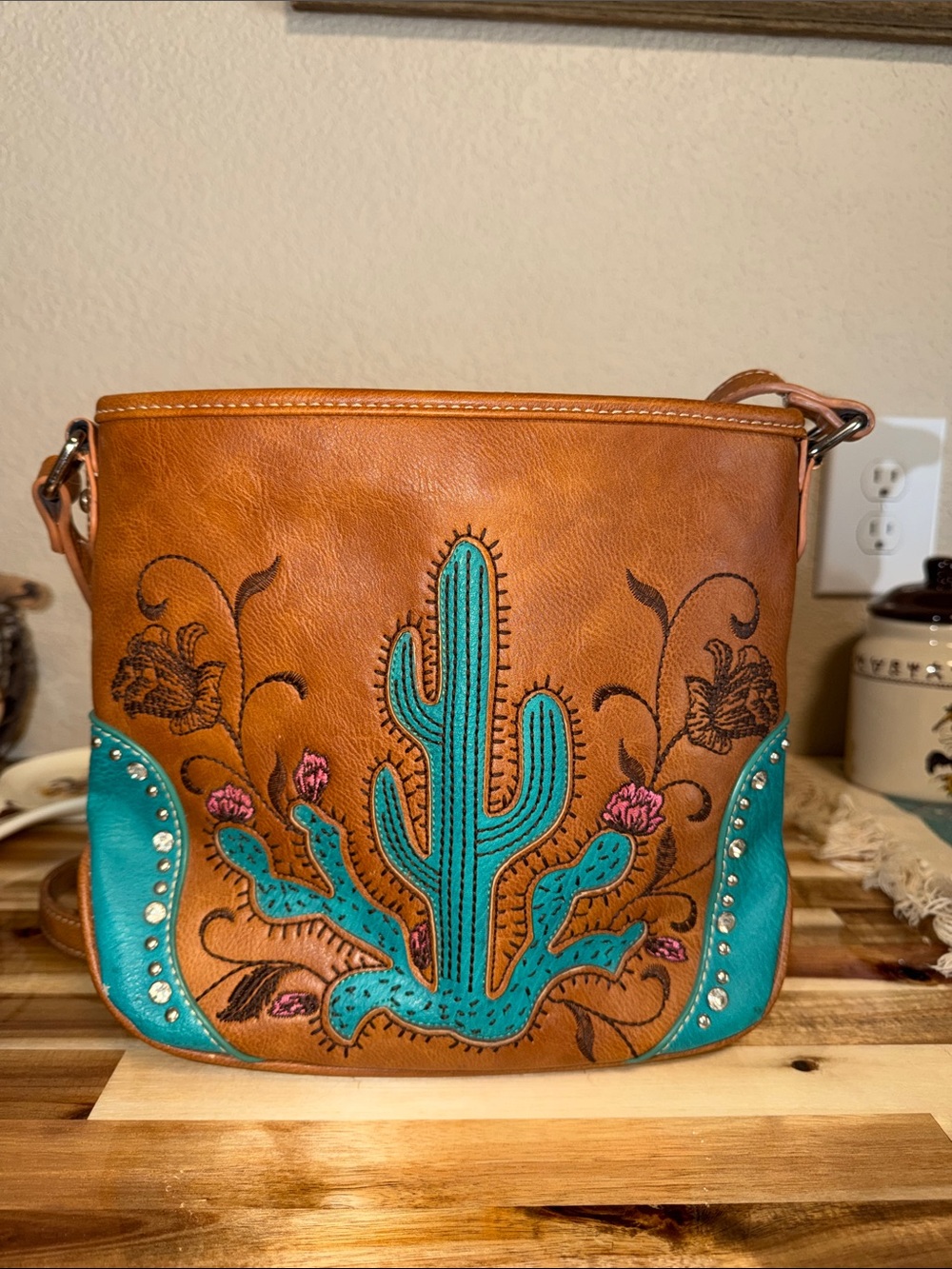 Montana West Turquoise Cactus Embroidered Leather Crossbody Bag
